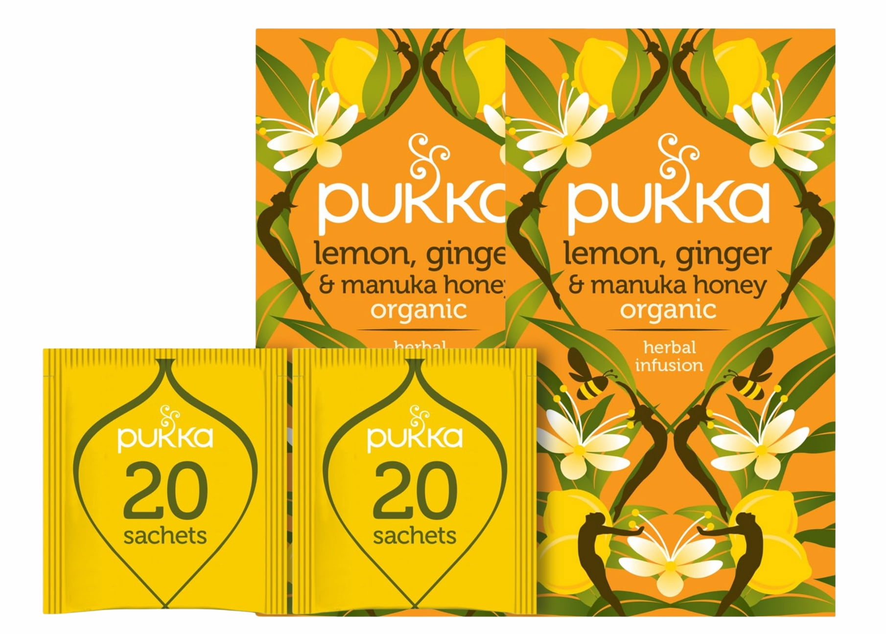Pukka Organic Lemon, Ginger & Manuka Honey Tea Compostable Herbal Tea Bags 20 tea bag each (Pack of 2)