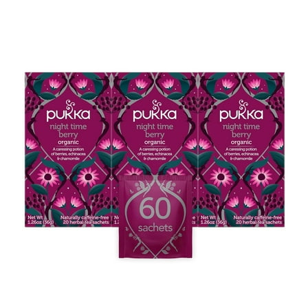 Pukka Organic Night Time Berry Herbal Tea, Pack of 3, 20 Bags Each (60 Total)