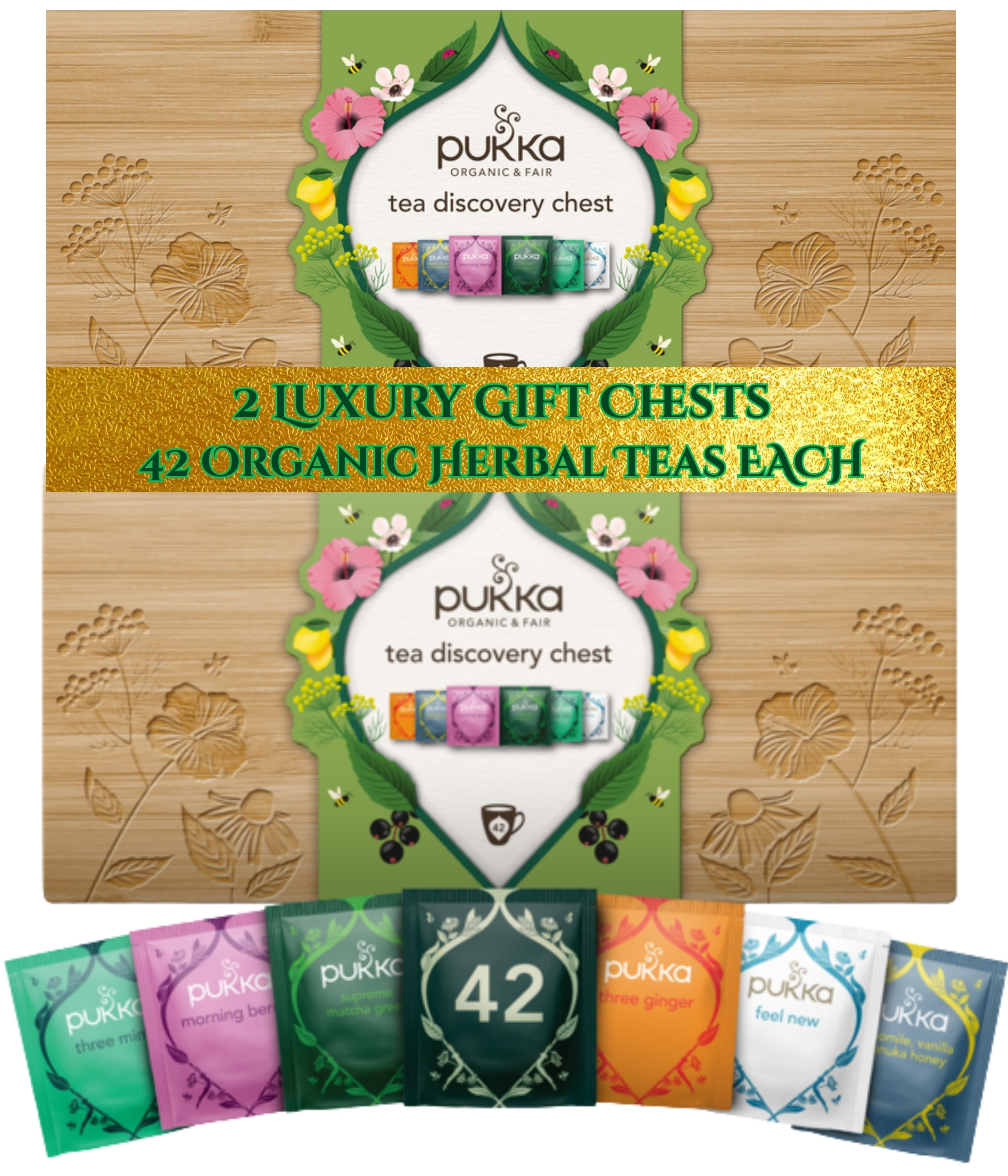 Pukka Herbal Tea Discovery Chest, 2 Gift Packs, 84 Assorted Organic Herbal Tea Bags Total (42 Each), Exquisite Bamboo Box, Premium Gift for Christmas, Birthdays & Celebrations