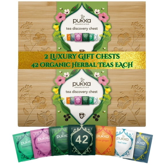 Pukka Herbal Tea Discovery Chest, 2 Gift Packs, 84 Assorted Organic Herbal Tea Bags Total (42 Each), Exquisite Bamboo Box, Premium Gift for Christmas, Birthdays & Celebrations