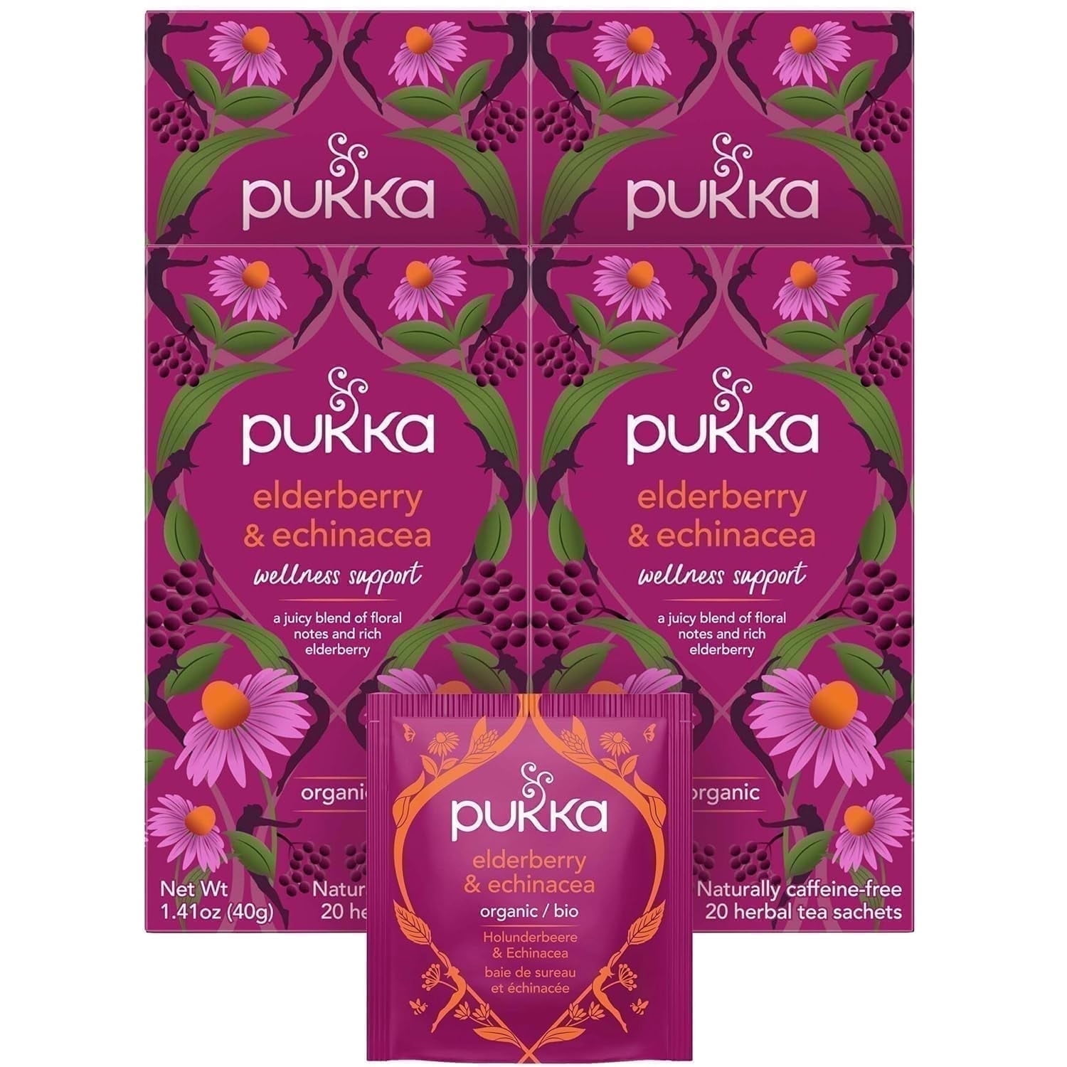 Pukka Organic Tea Bags, Elderberry & Echinacea Herbal Tea, Perfect for Wellness Support, Caffeine Free, 20 Count (Pack of 4) 80 Bags
