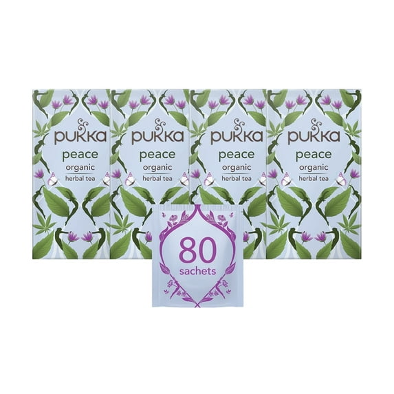 Pukka Organic Tea Bags, Peace Herbal Tea with Spearmint, Ashwagandha, Perfect for Balanced Tranquility, Caffeine Free, 20 Count (Pack of 4), 80 Bags