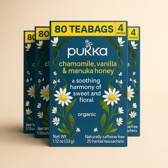Pukka Organic Herbal Tea, Chamomile, Vanilla & Manuka Honey, Caffeine-Free, Calming Blend, 20ct (Pack of 4, Total 80 Tea Bags)