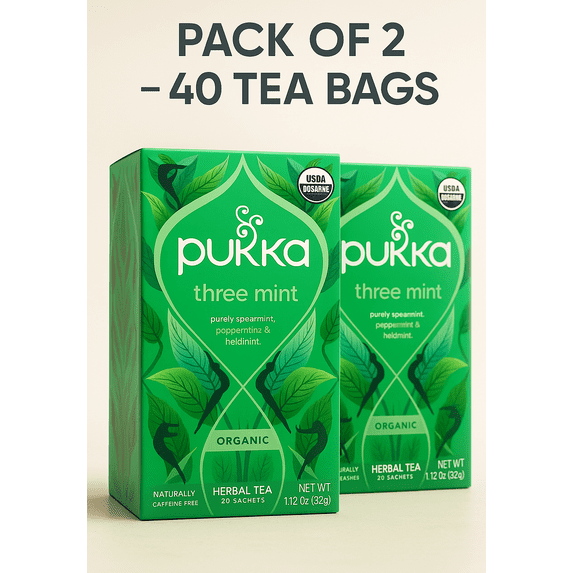 Pukka Herbal Organic Three Mint Tea Bags, 40 Count (20ct - Pack of 2), Caffeine-Free, USDA Organic