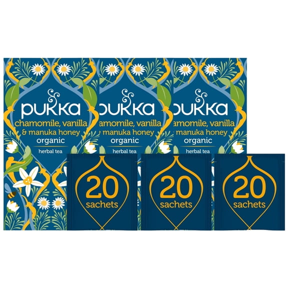 Pukka Organic Chamomile, Vanilla & Manuka Honey Herbal Tea, Caffeine-Free, 20 Tea Bags (Pack of 3), 60 Total Bags