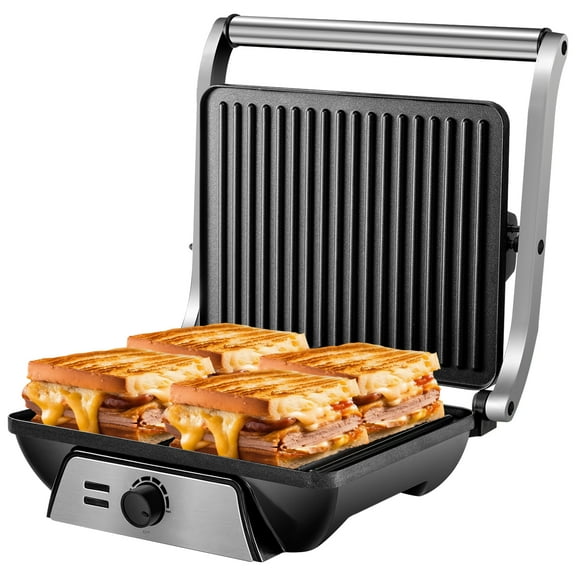 Pukomc 3-in-1 Electric Grill - Non-Stick Plates, 180° Open, Floating Hinge, Grease Tray for Panini