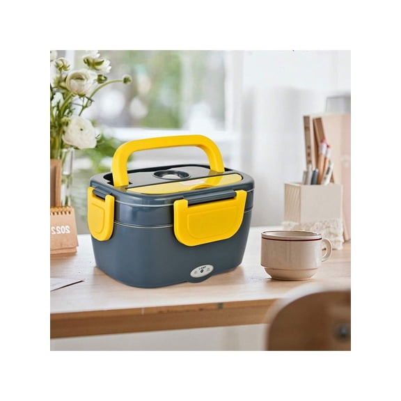 Pukomc Double Layer Electric Heating Lunch Box, SUS304 Stainless Steel Inner 80W Portable, Yellow-Green for Office School Picnic