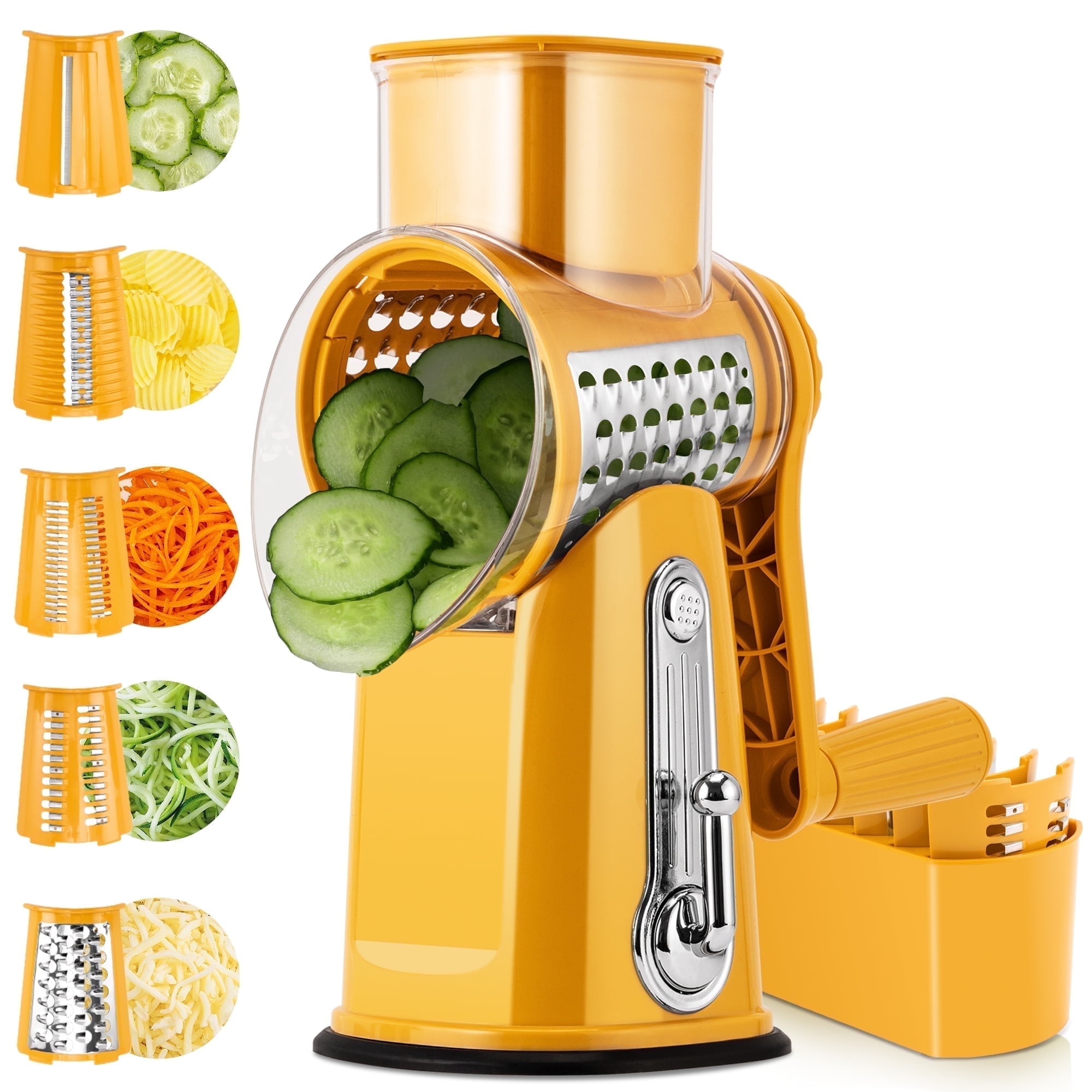 Pukomc Rotary Cheese Grater with Handle- 5 Blades, Suction Base, Mandoline Slicer & Veg Shredder with Blade Storage Box(Yellow)