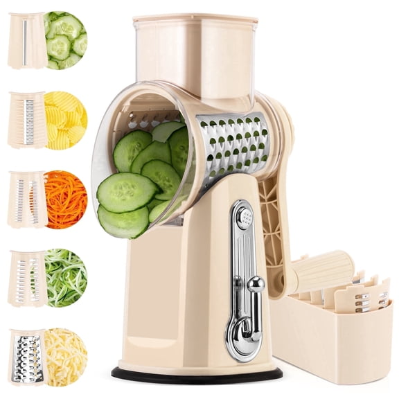 Pukomc Rotary Cheese Grater with Handle- 5 Blades, Suction Base, Mandoline Slicer & Veg Shredder with Blade Storage Box(Beige)