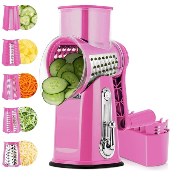 Pukomc Rotary Cheese Grater with Handle- 5 Blades, Suction Base, Mandoline Slicer & Veg Shredder with Blade Storage Box(Pink)