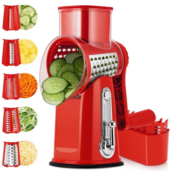 Pukomc Rotary Cheese Grater with Handle- 5 Blades, Suction Base, Mandoline Slicer & Veg Shredder with Blade Storage Box(Red)
