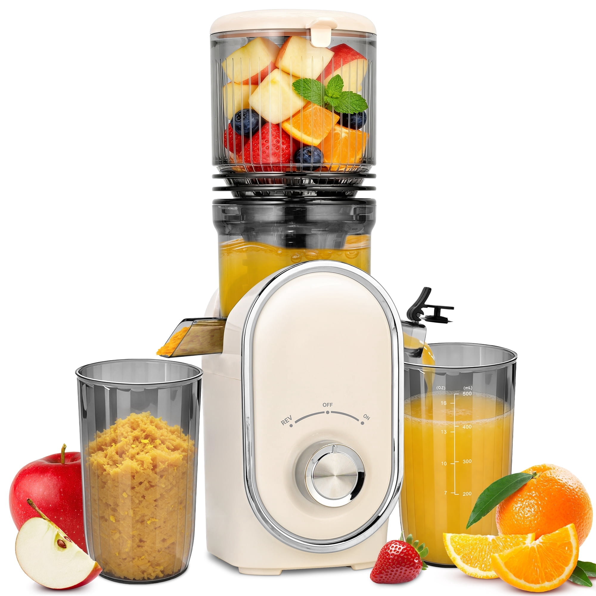 Pukomc Slow Juicer - 300W Cold Press Juicer with 5.3" Wide Chute, One-Touch Operation & Auto Stop, High Juice Yield, Easy Clean, Includes Juice & Pulp Cups(Beige)