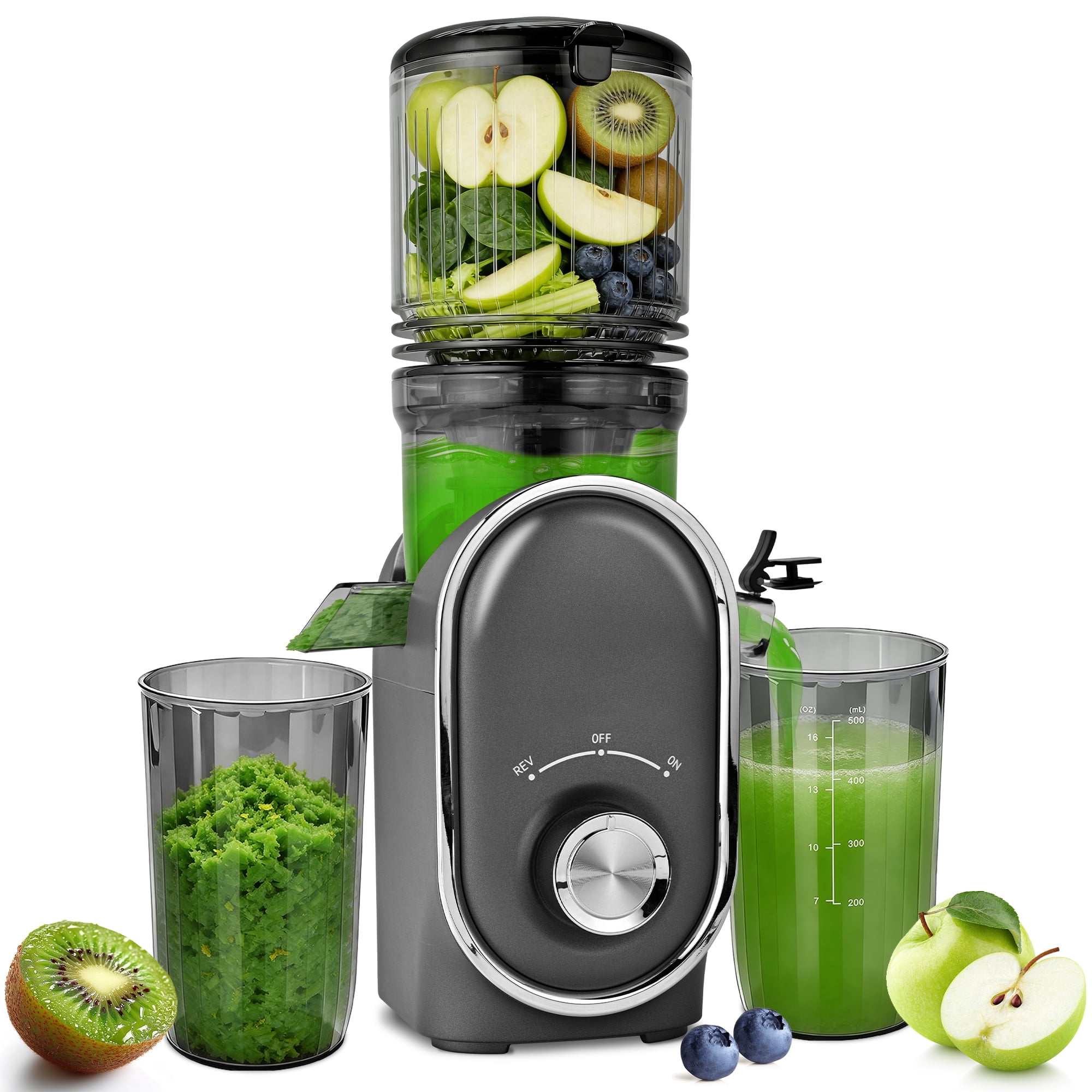 Pukomc Slow Juicer - 300W Cold Press Juicer with 5.3" Wide Chute, One-Touch Operation & Auto Stop, High Juice Yield, Easy Clean, Includes Juice & Pulp Cups(Silver Gray)