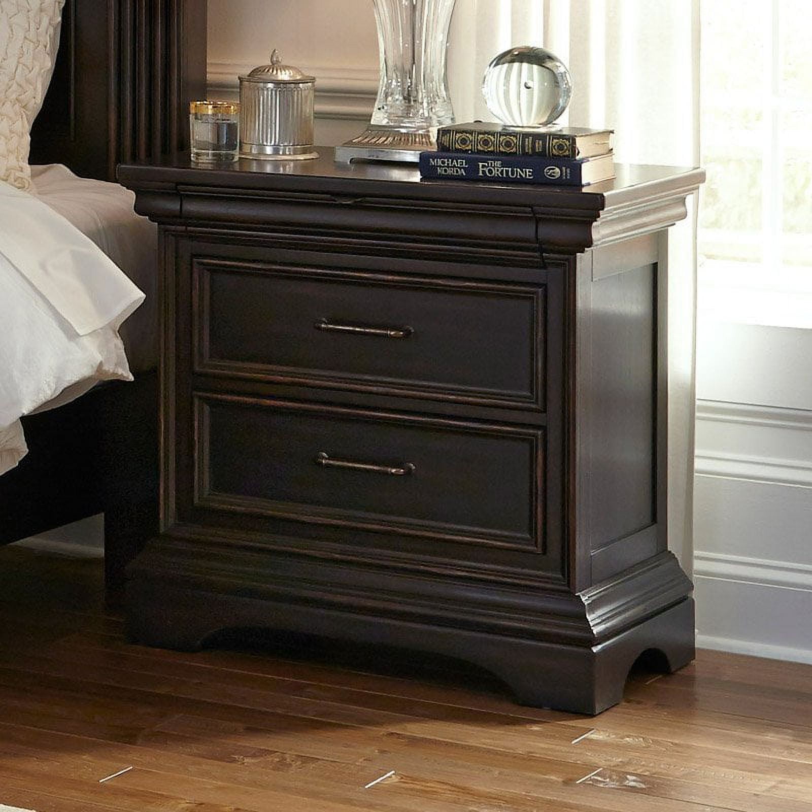 Brown Acacia Veneer 2-Drawer Nightstand with Rubberwood Legs