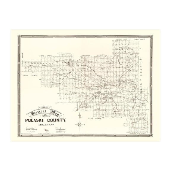 Pulaski County Arkansas Art, 1898 Vintage Map of Pulaski County AR History Wall Decor Gift, Old Pulaski County AR Map - 24" x 18" Unframed Print