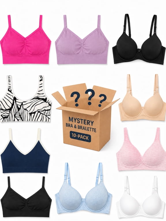 10 Pack Wireless Bras for Women, Assorted Sports Bralette Pack with Mixed Fabrics, Straps, Closures & Patterns, Machine Washable