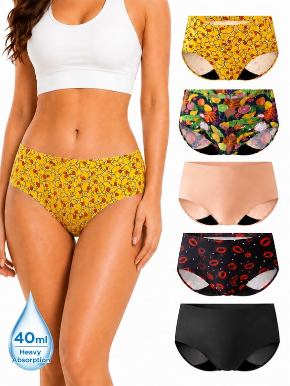 Period Underwear for Women, Mid-Low Rise Leakproof Heavy Flow Backup Panties, Up to 40 mL, 5-Pack