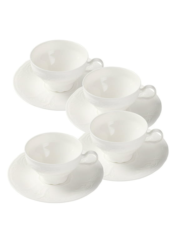 Pulchritudie Fine China White Teacup and Saucer Set,  7 oz Cups, British Teacups, Set of Four