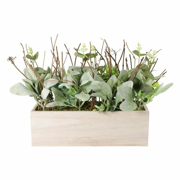 Puleo International 11 in. Lambs Ear Centerpiece with Twigs & Greenery Leaves in Wood Planter