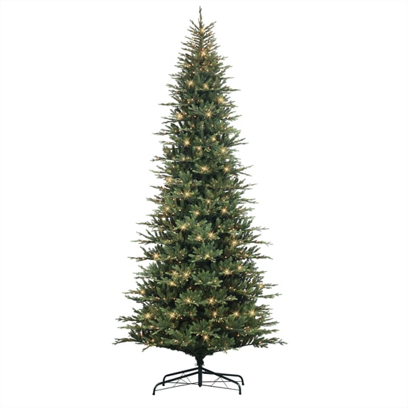 Puleo International 12 ft Pre-Lit Slim Balsam Artificial Fir Tree 7197 Tips 1100 Clear LED Lights On/Off Foot Pedal Switch