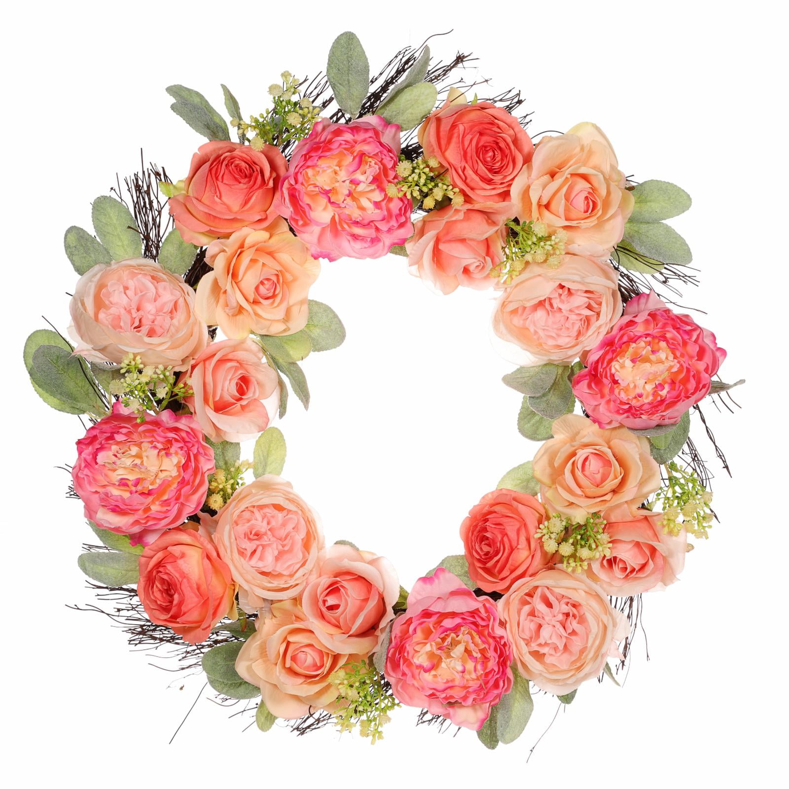 24" Pink and Peach Artificial Peony and Rose Floral Spring Wreath