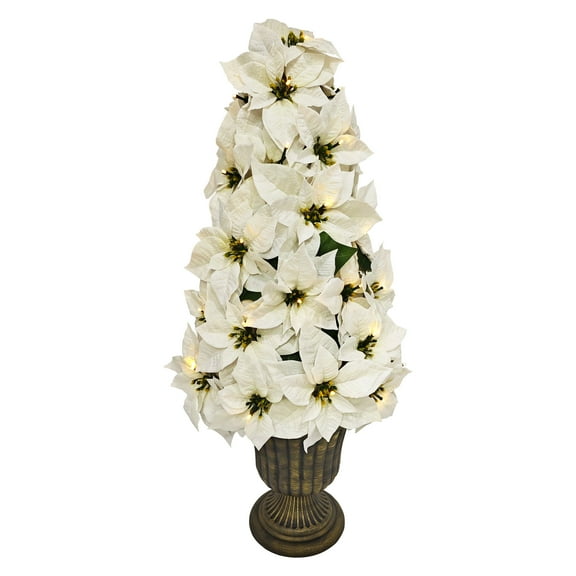 Puleo International 36" Pre-Lit Battery-Operated Artificial Potted White Poinsettias