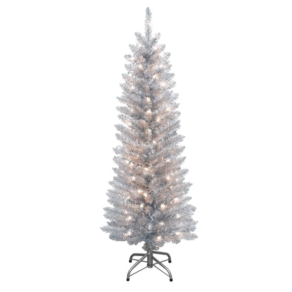 Puleo International 4.5 ft Pre-Lit Silver Tinsel Artificial Tree 170 Tips 70 Clear Lights