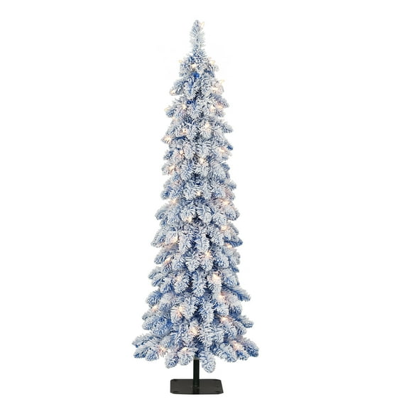 Puleo International  4 ft. Pre-Lit Flocked Blue Artificial Alpine Pencil Tree