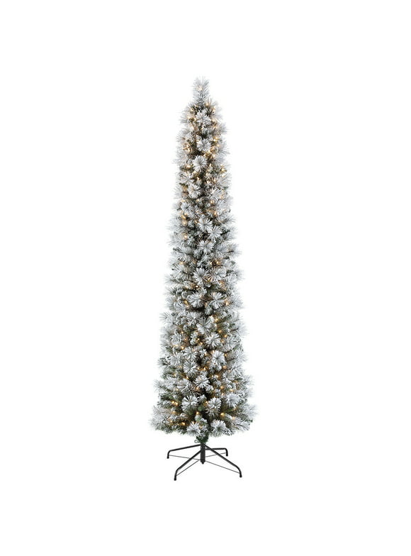 Puleo International 6.5 ft. Pre-Lit Flocked Portland Pine Pencil Artificial Christmas Tree with 300 UL- Listed Clear Lights