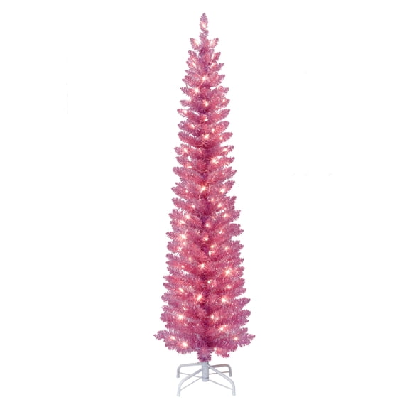 Puleo International 6 ft. Pre-Lit Pink Tinsel Artificial Tree