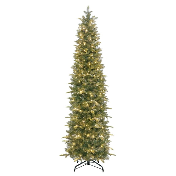 Puleo International 7.5' Pre-Lit Artificial Yardley Spruce Pencil Tree with 350 Dual-Color LED Lights and a Fresh Christmas Tree Scent Dispenser