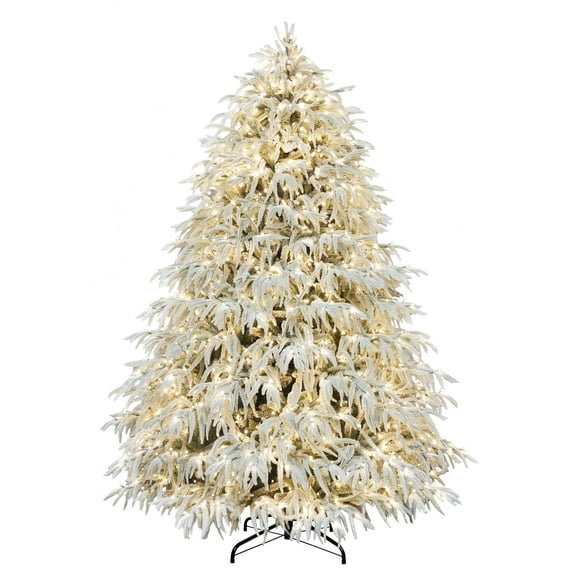 Puleo International 7.5' Pre-Lit Flocked Artificial Christmas Tree with 1300 Dual-Color LED Lights and a Fresh Christmas Tree Scent Dispenser