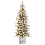Puleo International Pre-Lit 7.5 ft Flocked Arctic Fir Pencil Christmas Tree with 230 Warm White LEDs