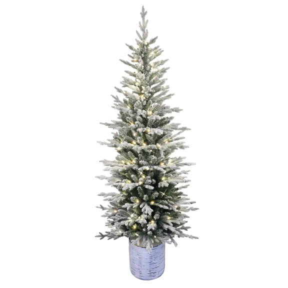 Puleo International 7.5' Pre-Lit Potted Flocked Arctic Fir Pencil Artificial Christmas Tree with 230 Warm White LED Lights