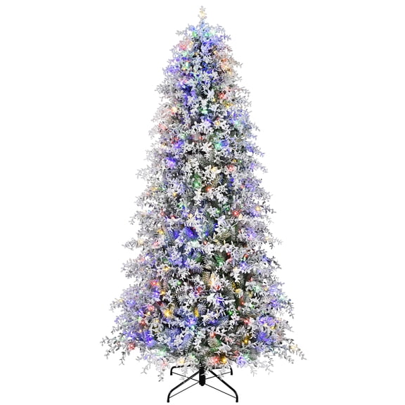 Puleo International 7.5 ft Pre-Lit Flocked Boxwood Christmas Tree with 400 Dual Color LED Lights, Realistic Branch Tips, Foot Pedal Switch with 10 Functions