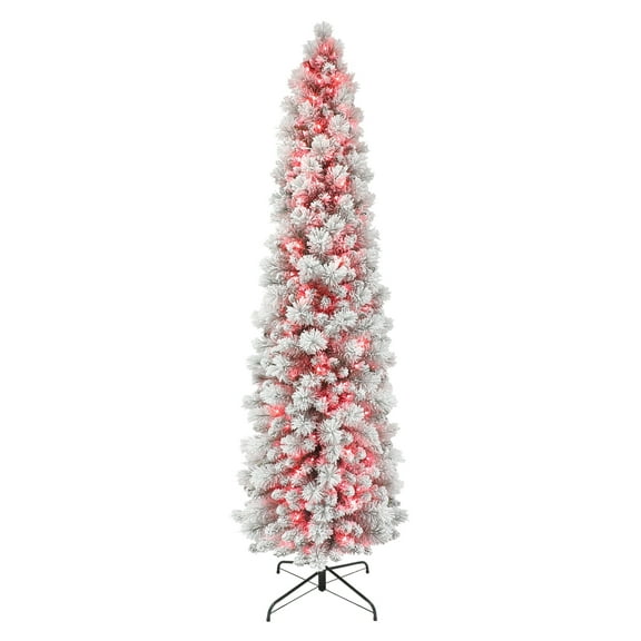 Puleo International 7.5 ft. Pre-Lit Flocked Portland Pine Artificial Pencil Tree
