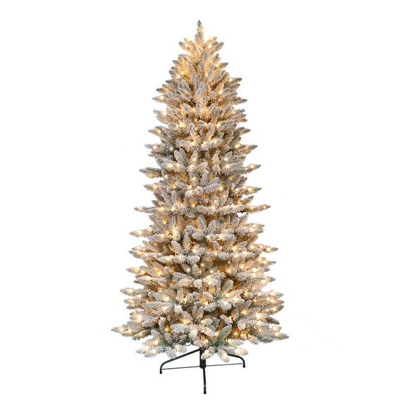 Puleo International 7.5 ft. Pre-Lit Flocked Slim Fraser Fir Artificial Christmas Tree with 500 UL-Listed Clear Lights