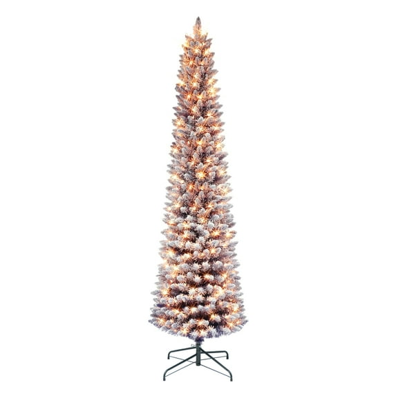 7.5 ft Pre-lit Flocked Fashion Purple Pencil Tree 300 UL Clear Incandescent Lights