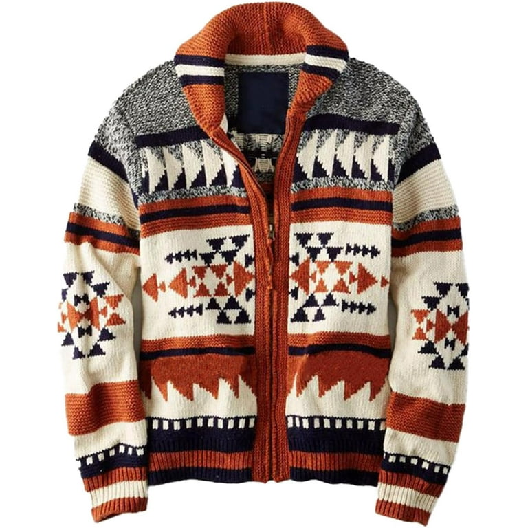 VIEWON Men s Casual Tribal Aztec Print Western Ethnic Vintage Lapel Knitted Warm Long Sleeve Cardigan Sweater Jacket Coat