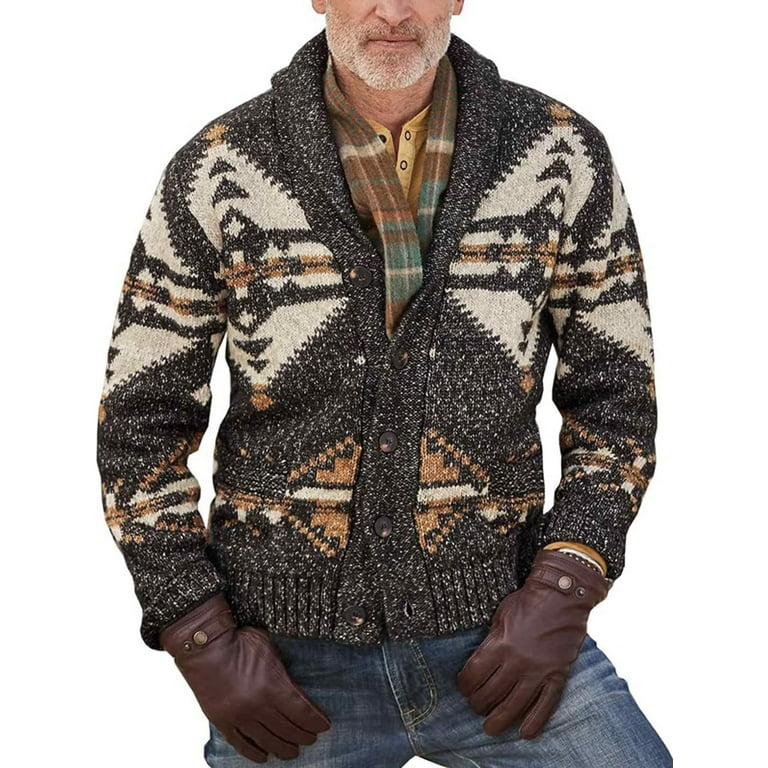 PuliPuqi Men s Casual Vintage Tribal Aztec Print Knitted Warm Button Down Long Sleeve Western Cardigan Sweater Jacket Coat