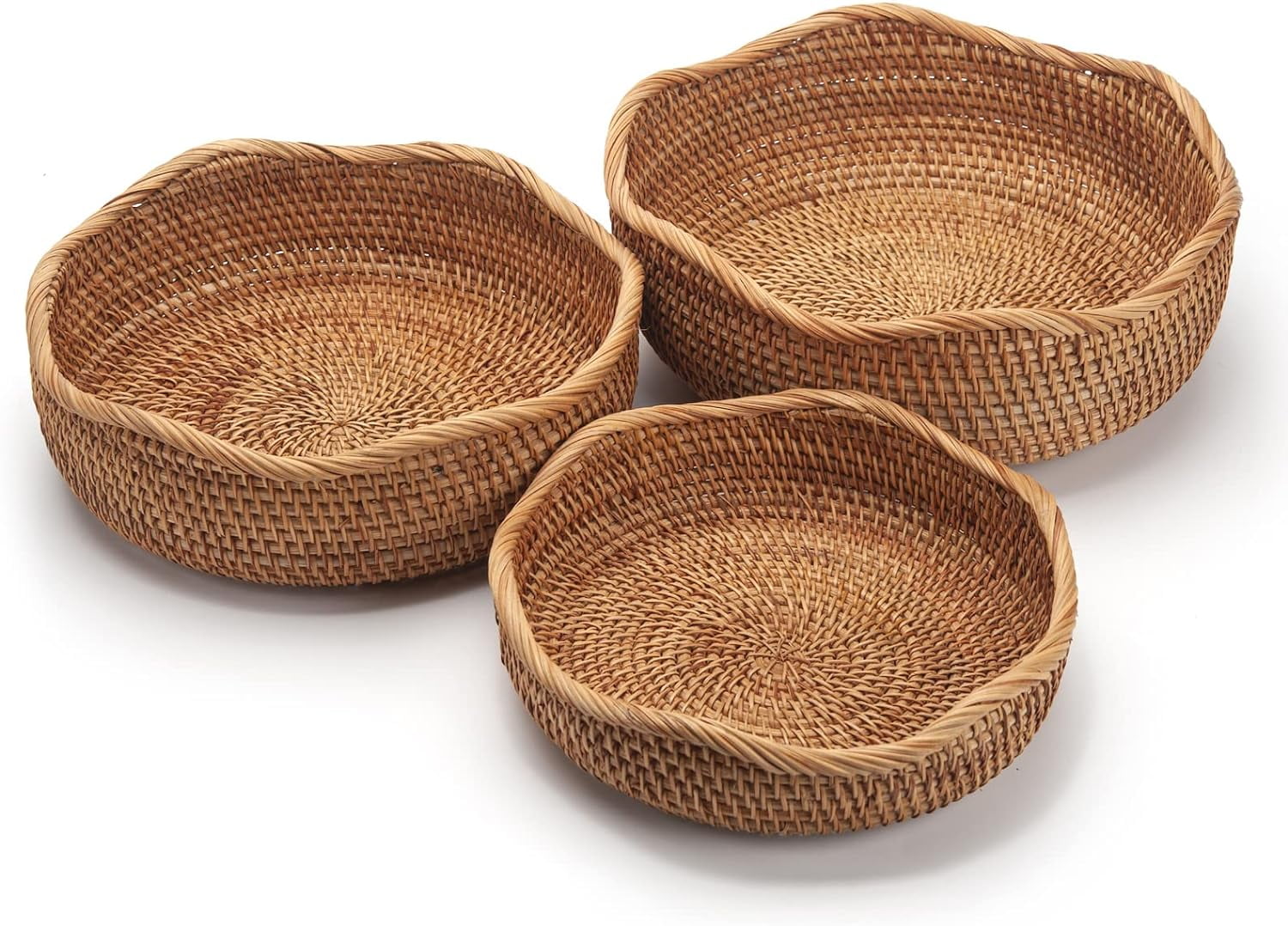 PuliPuqi Round Rattan Fruit Baskets Woven Storage Bowls Key Holder