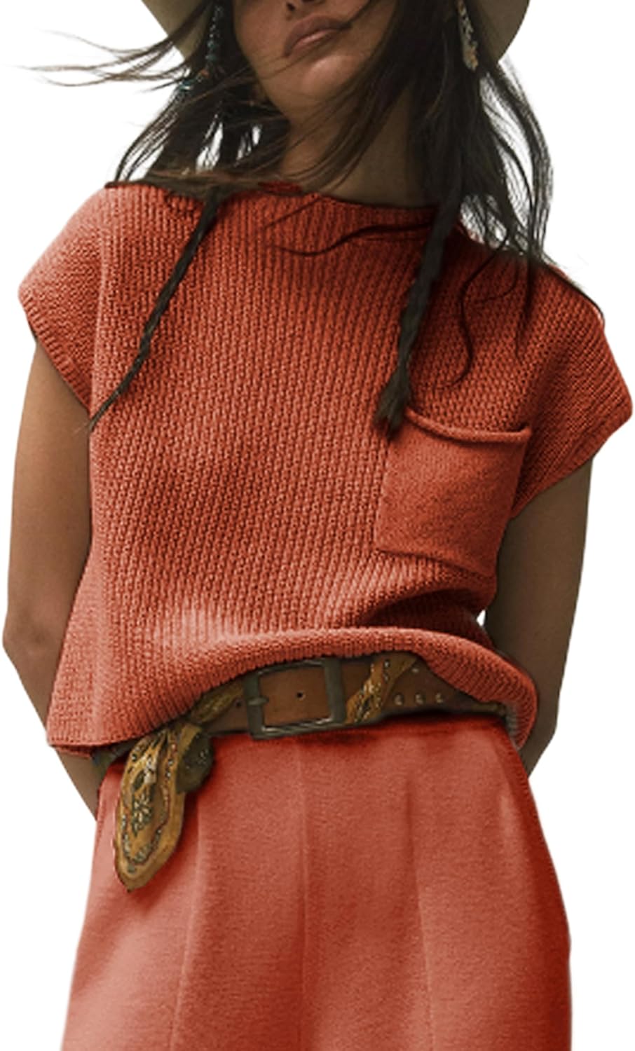 PuliPuqi Sweater Vest Women Mock Neck Casual Cropped Cap Sleeve Knit