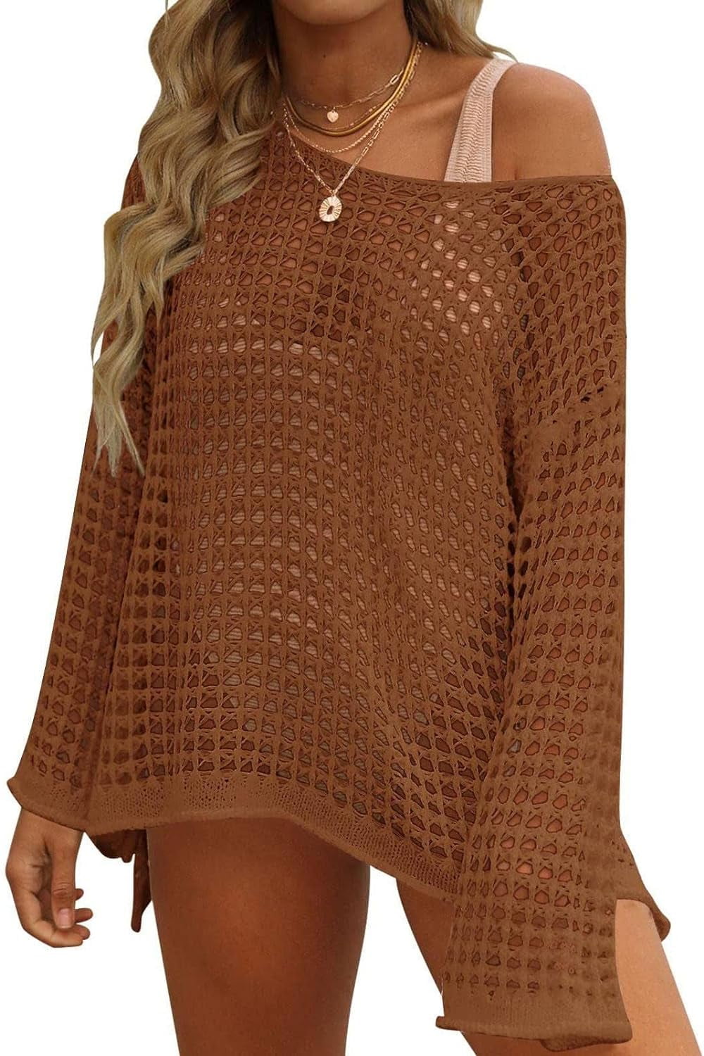 PuliPuqi Women Crochet Cover Ups Long Sleeve Bathing Suit Hollow Out