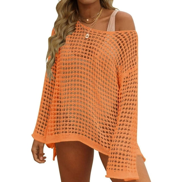 PuliPuqi Women Crochet Cover Ups Long Sleeve Bathing Suit Hollow Out