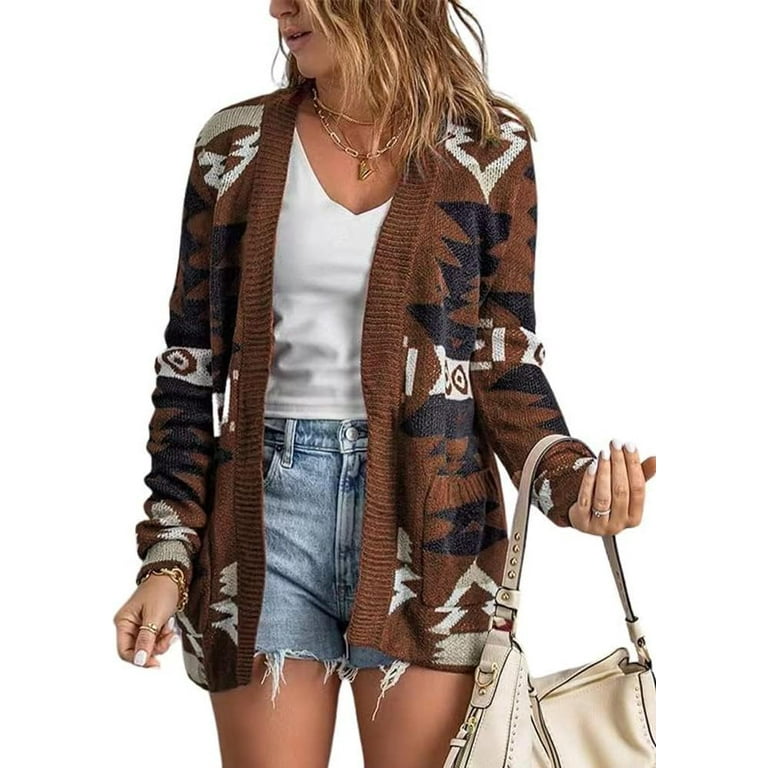 PuliPuqi Women s Aztec Print Open Front Boho Cardigan Tribal Long Sleeve Jacquard Knitted Sweater Walmart