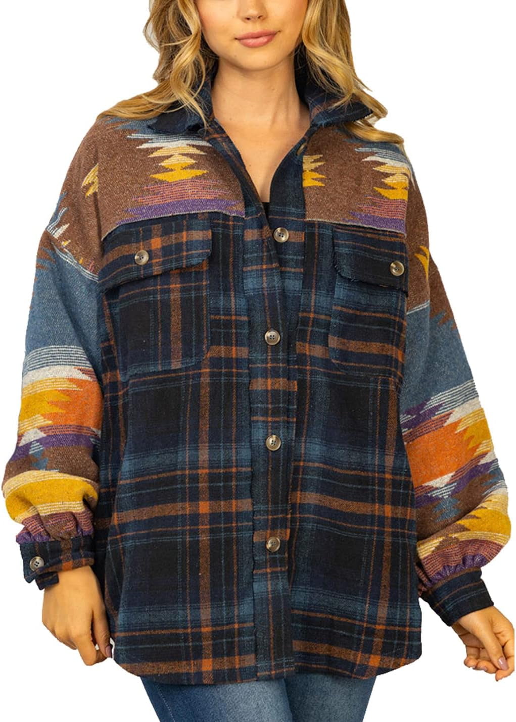 PuliPuqi Women s Casual Tribal Aztec Print Plaid Splicing Wool Blend Shirt Shacket Jacket Western Long Sleeve Button Down Coat Walmart