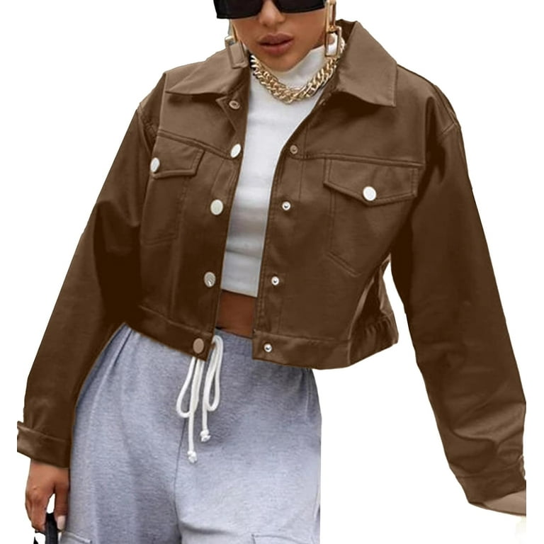 PuliPuqi Women s Cropped Faux Leather Jacket Button Down Lapel Collar Long Sleeve Outwear with Chest Pockets Walmart