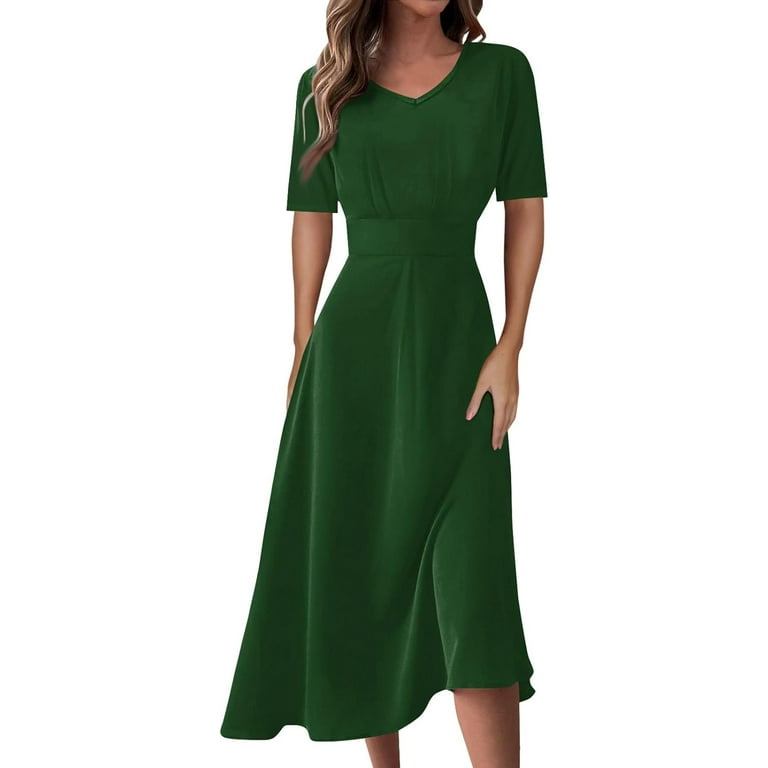 PuliPuqi Women s Petite Sundresses Fashion Solid Color V Neck Short Sleeve Waist Long Swing Dress Plus Size Maxi Dress