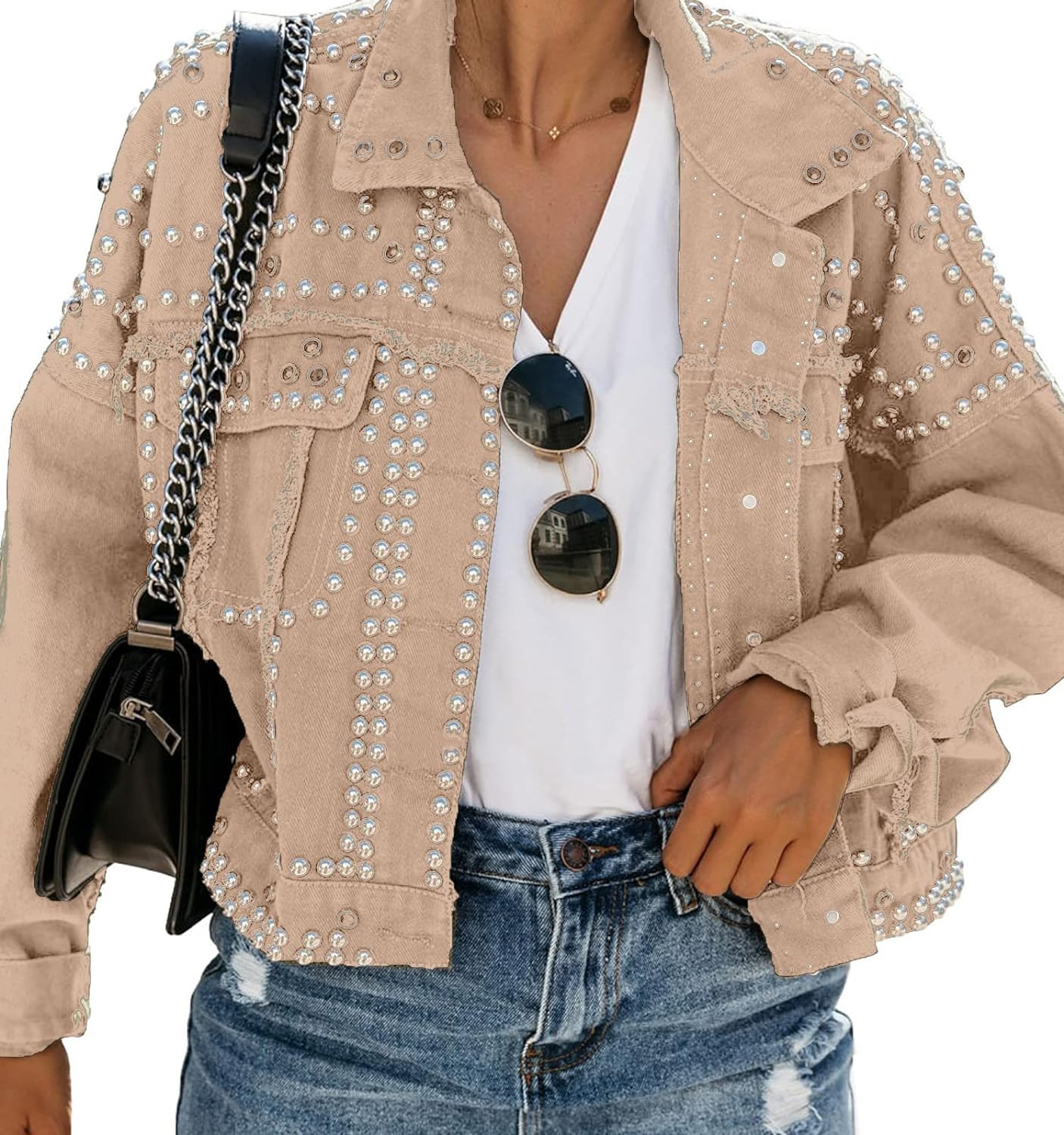 PuliPuqi Women's Rivet Studded Denim Jacket Distressed Oversized Long