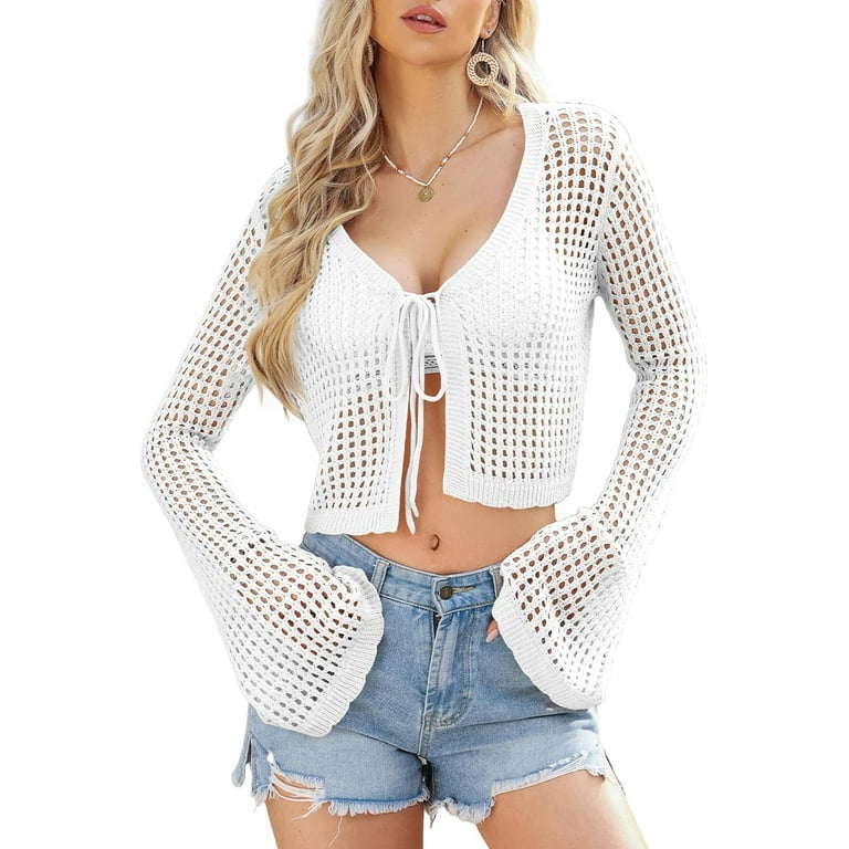 PuliPuqi Womens Crochet Cardigan Sweater Kimonos Boho Lace up Summer Cropped Open Front Outwear Walmart